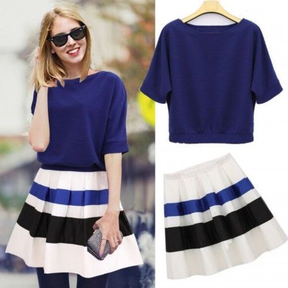 NWT Blue Knitted Blouse Top and Blue White Black Stripes skater Skirt Dress Set - Picture 1 of 9